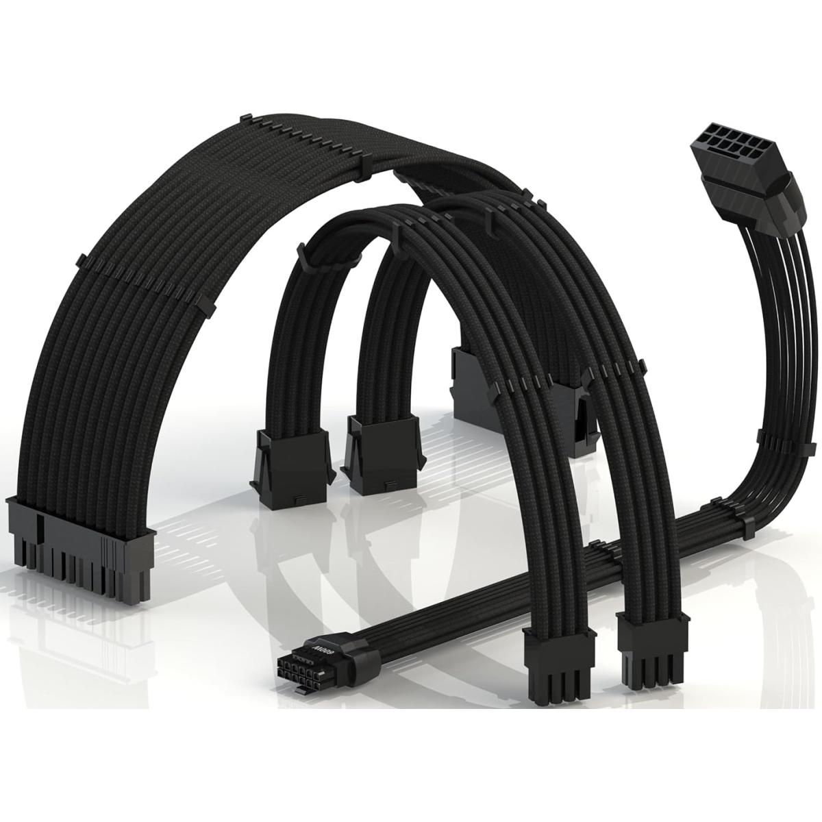 LINKUP AVA Power Supply Sleeved Extension Molded Plug Cables, 4 Pcs Kit for RTX4000 GPUs, Universal & Compatible With Any PSU, Ultra Safe & Durable, 16AWG Tinned Copper - (30cm Black Package) 1 x 24Pin, 2 x 8pin(4+4) CPU, 1 x 12VHPWR (12+4 pin)