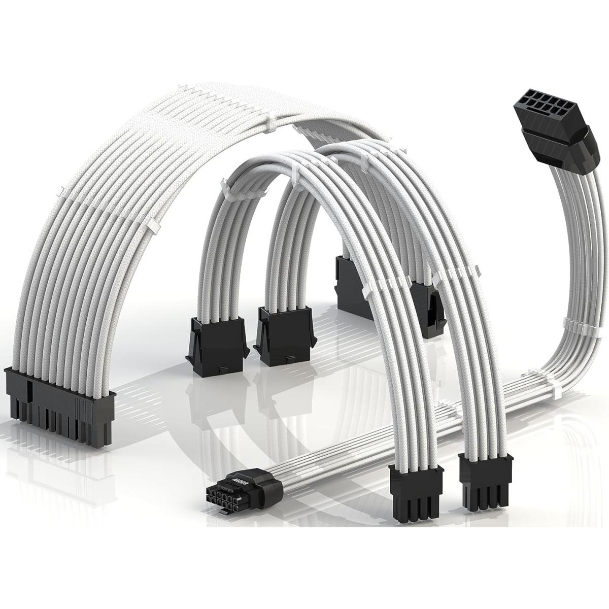 LINKUP AVA Power Supply Sleeved Extension Molded Plug Cables, 4 Pcs Kit for RTX4000 GPUs, Universal & Compatible With Any PSU, Ultra Safe & Durable, 16AWG Tinned Copper - (30cm White Package) 1 x 24Pin, 2 x 8pin(4+4) CPU, 1 x 12VHPWR (12+4 pin)
