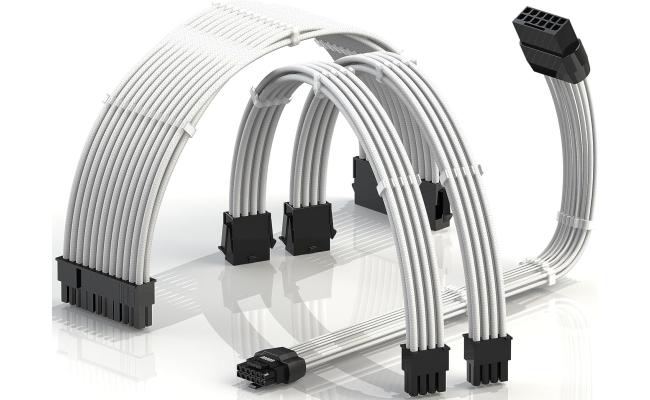 LINKUP AVA Power Supply Sleeved Extension Molded Plug Cables, 4 Pcs Kit for RTX4000 GPUs, Universal & Compatible With Any PSU, Ultra Safe & Durable, 16AWG Tinned Copper - (30cm White Package) 1 x 24Pin, 2 x 8pin(4+4) CPU, 1 x 12VHPWR (12+4 pin)