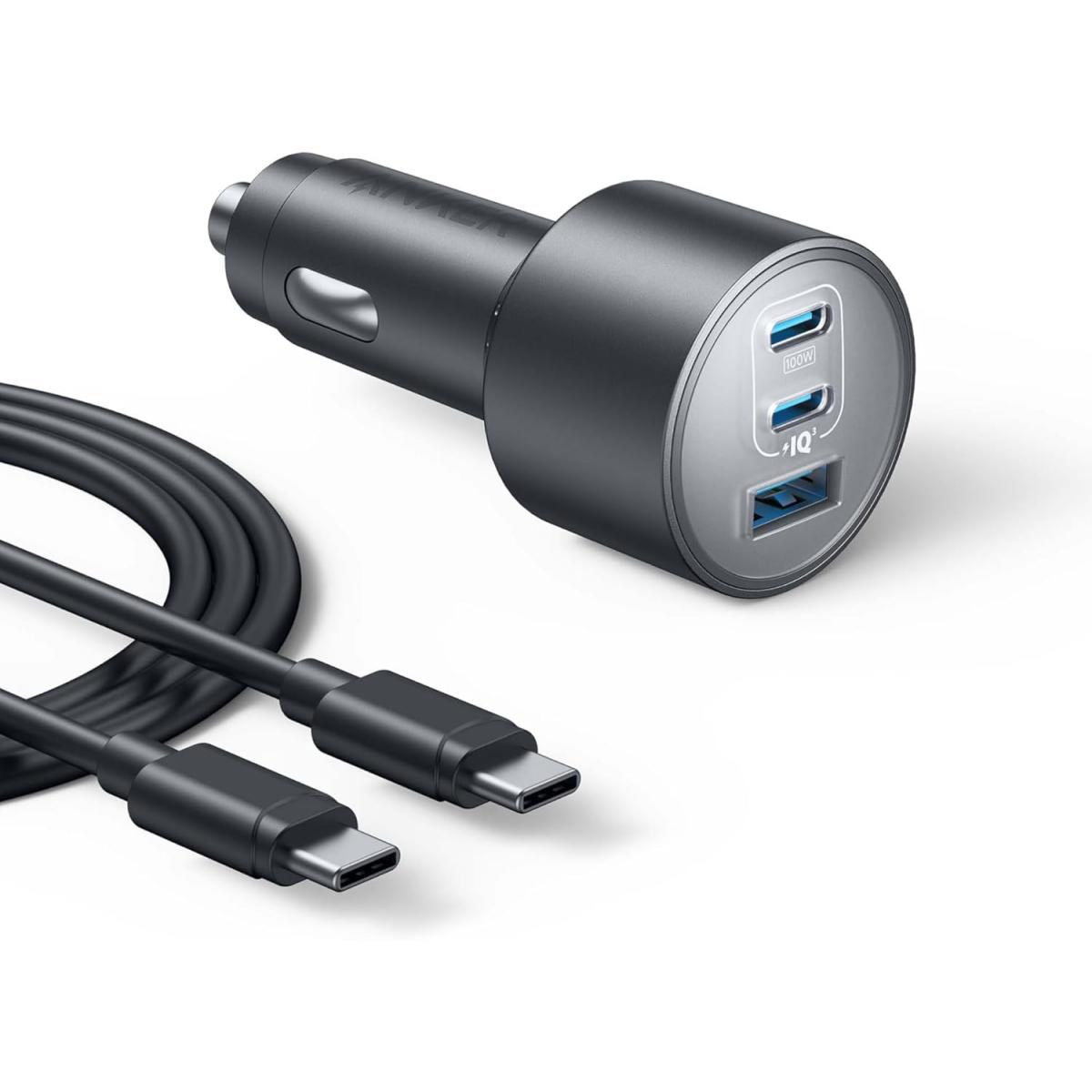 Anker USB-C Car Charger, Ultra-Fast 100W USB-C1 Port, 167.5W Max 3-Port Ultra-Compact Type-C Fast Car Charger.