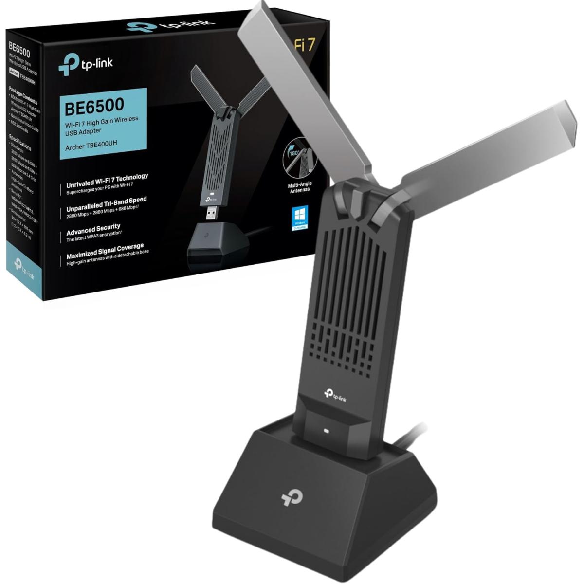 TP-Link Archer TBE400UH BE6500 WiFi 7 Dongle High Gain USB WiFi Adapter for PC, Tri-Band, MLO, Broader Coverage,OFDMA, MU-MIMO and Multi-RU, USB 3.0, WPA3, Easy Installation