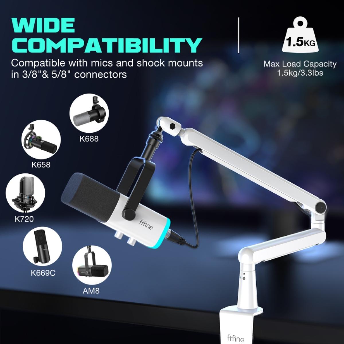 Fifine BM88W Low-profile Microphone Arm Stand With Cable Channeling, Handling Max 1.5kg Mics For Streaming, Podcasting (White)