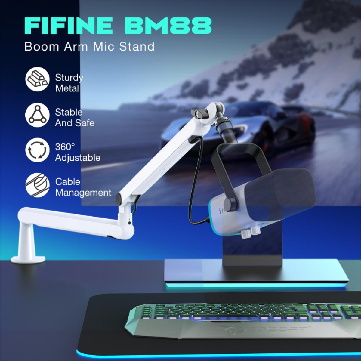 Fifine BM88W Low-profile Microphone Arm Stand With Cable Channeling, Handling Max 1.5kg Mics For Streaming, Podcasting (White)