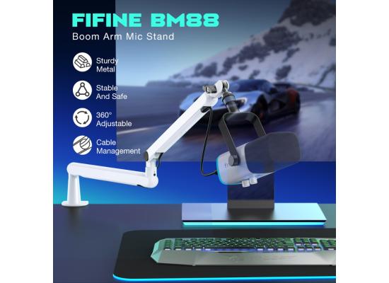 Fifine BM88W Low-profile Microphone Arm Stand With Cable Channeling, Handling Max 1.5kg Mics For Streaming, Podcasting (White)
