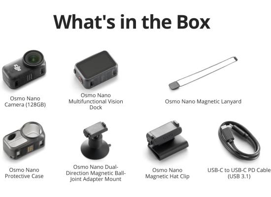 DJI Osmo Nano Standard Combo (128GB) - Small 4K/60fps Vlogging Camera with a 1/1.3″ Sensor, 143° Wide FOV Video, 200-Min Recording, Swift Content Transfer, Magnetic POV Cam 4K for Sports, Vlog