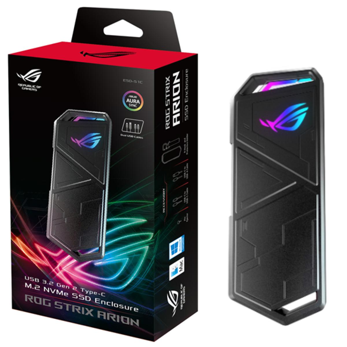 ASUS ROG STRIX ARION M.2 NVMe SSD RGB Enclosure USB3.2 Gen 2 Type-C (10 Gbps), Dual USB-C to C and USB-C to A Cables,Thermal Pads Included