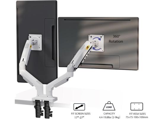 North Bayou (NB F160) Ergonomic Desk Mount Dual Monitor Arm, Up To 17-27" Size & 2-9kg Weight, Vesa 75mm x 75 mm To 100mm x 100mm Mounting Hole - White