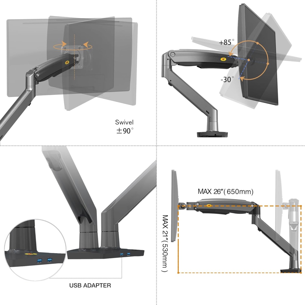 North Bayou (F195A) Full Motion Ergonomic Desk Mount Dual Monitor Arm, Up To 22-32