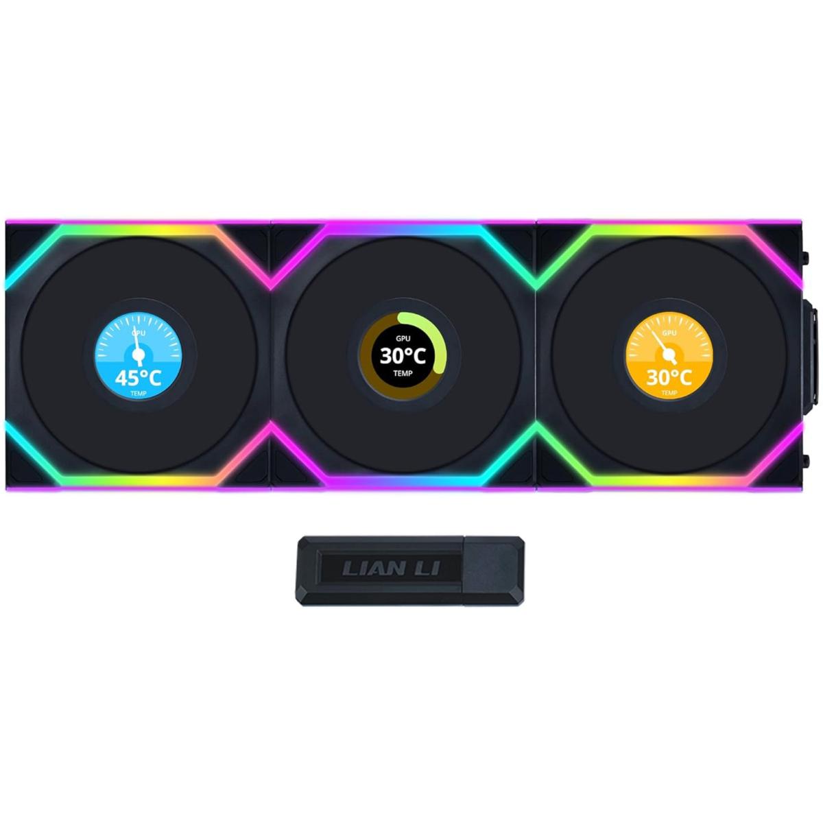 Lian Li UNI FAN SL Wireless LCD 120 Kit w/ Dual Zone ARGB, High Performance Triple Pack, 1.6" IPS Full color LCD Display, Daisy-Chain Style, 2.4 GHz Wireless Controller (Included) - Black