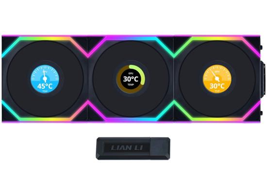 Lian Li UNI FAN SL Wireless LCD 120 Kit w/ Dual Zone ARGB, High Performance Triple Pack, 1.6" IPS Full color LCD Display, Daisy-Chain Style, 2.4 GHz Wireless Controller (Included) - Black 