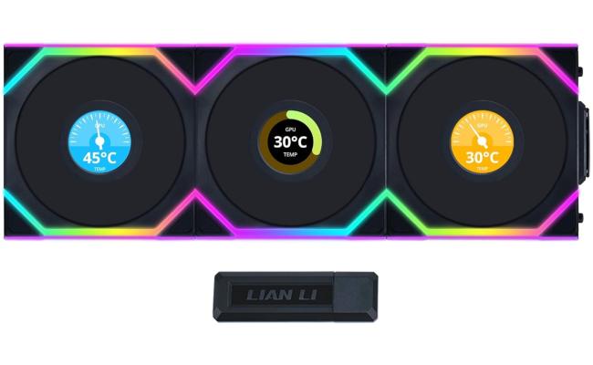 Lian Li UNI FAN SL Wireless LCD 120 Kit w/ Dual Zone ARGB, High Performance Triple Pack, 1.6" IPS Full color LCD Display, Daisy-Chain Style, 2.4 GHz Wireless Controller (Included) - Black