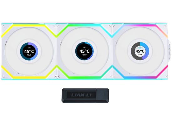 Lian Li UNI FAN SL Wireless LCD 120 Kit w/ Dual Zone ARGB, High Performance Triple Pack, 1.6" IPS Full color LCD Display, Daisy-Chain Style, 2.4 GHz Wireless Controller (Included) - White