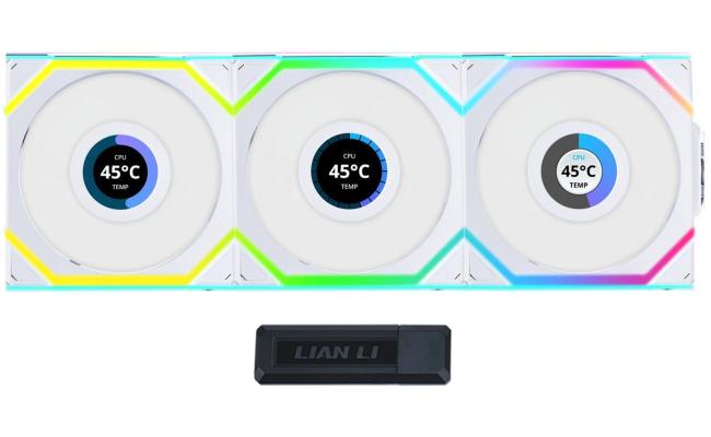 Lian Li UNI FAN SL Wireless LCD 120 Kit w/ Dual Zone ARGB, High Performance Triple Pack, 1.6" IPS Full color LCD Display, Daisy-Chain Style, 2.4 GHz Wireless Controller (Included) - White