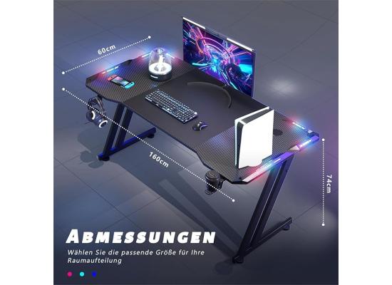 HLONONE 120 x 60 cm Gaming Table Gaming Desk with LED PC Table Gaming with Carbon Fiber Surface Stable Computer Table for Gaming with Headphone Hook and Cup Holder Black