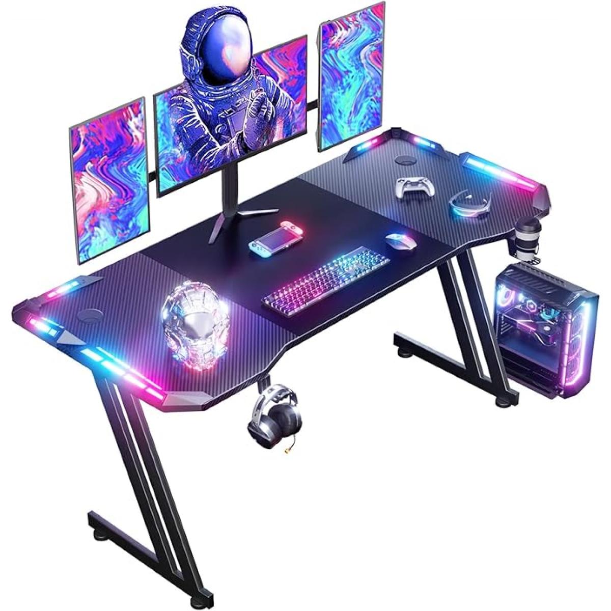 HLONONE 160 x 60 cm Gaming Table Gaming Desk with LED PC Table Gaming with Carbon Fiber Surface Stable Computer Table for Gaming with Headphone Hook and Cup Holder Black
