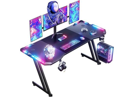HLONONE 120 x 60 cm Gaming Table Gaming Desk with LED PC Table Gaming with Carbon Fiber Surface Stable Computer Table for Gaming with Headphone Hook and Cup Holder Black