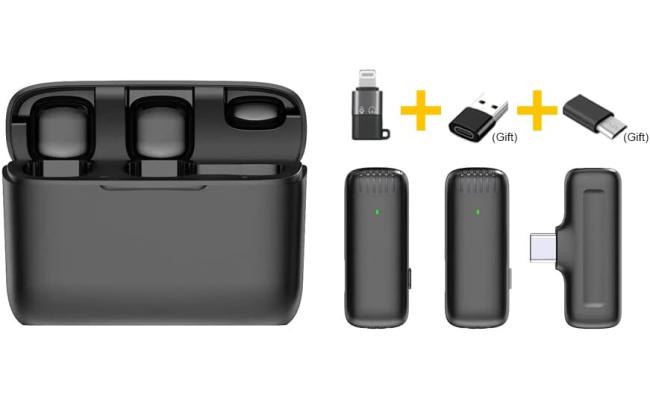 J13 2-in-1 Portable Wireless Microphone for iPhone Type C Phones Lavalier Dual Wireless Lavalier Microphone Plug and Play for Two-Person Video Recording Vlog Live