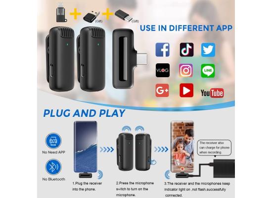 J13 2-in-1 Portable Wireless Microphone for iPhone Type C Phones Lavalier Dual Wireless Lavalier Microphone Plug and Play for Two-Person Video Recording Vlog Live