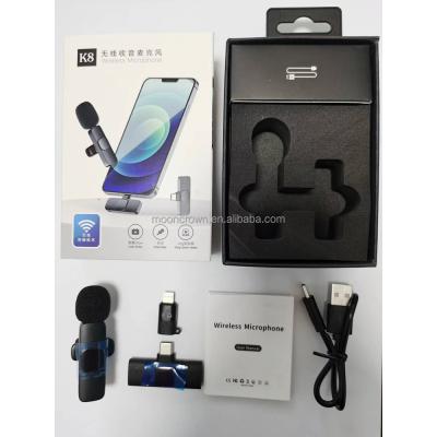 This K8 Wireless Microphone is a 2.4GHz mini wireless lavalier microphone designed for smartphones, supporting both Android and iPhone devices. , an effective working distance of 20-30 meters, and a long battery life of over 8 hours.