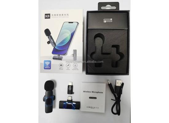 This K8 Wireless Microphone is a 2.4GHz mini wireless lavalier microphone designed for smartphones, supporting both Android and iPhone devices. , an effective working distance of 20-30 meters, and a long battery life of over 8 hours.