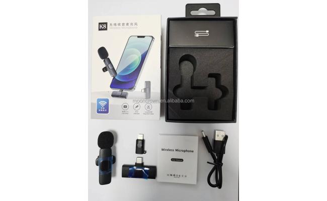 This K8 Wireless Microphone is a 2.4GHz mini wireless lavalier microphone designed for smartphones, supporting both Android and iPhone devices. , an effective working distance of 20-30 meters, and a long battery life of over 8 hours.