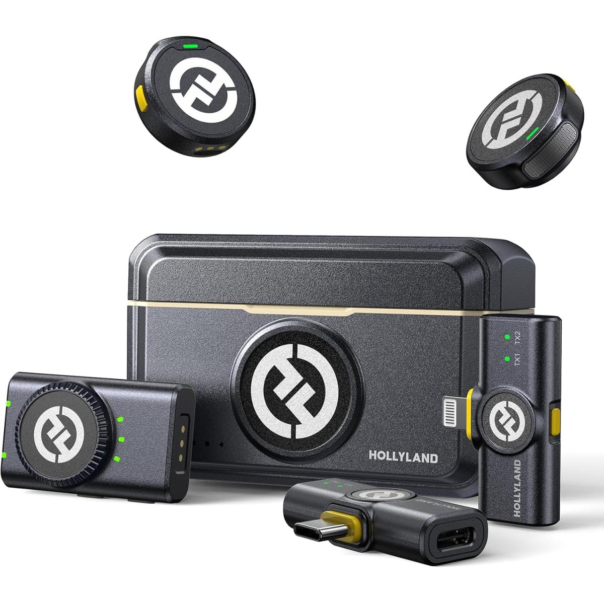 Hollyland LARK M2 COMBO 2-Person Wireless Combo Universal Microphone System 2.4 GHz w/ Advanced ENC, Long Batter Life with 2x Hollyland Lavalier Microphone: Omni Sound Wide Compatibility (3.5mm) - (Shine Charcoal)