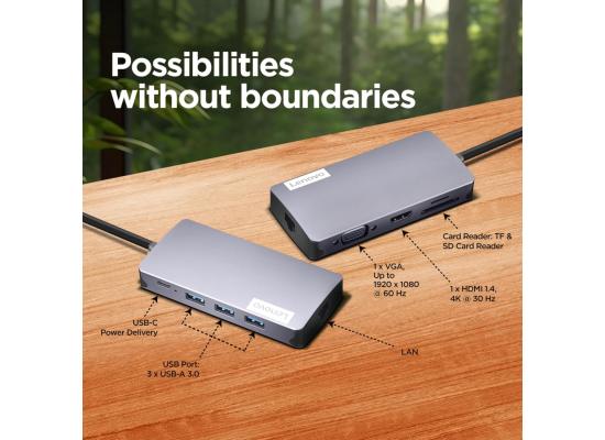 Lenovo 150 USB-C Travel Dock (Charging Host Upto 100W |3 x USB-A 3.0| x HDMI 1.4, 4K @ 30 Hz| 1 x VGA, Up to 1920 x 1080 @ 60 Hz | 1 x Video Output | RJ45 Support |1 Year Warranty| Grey), GX91M73946