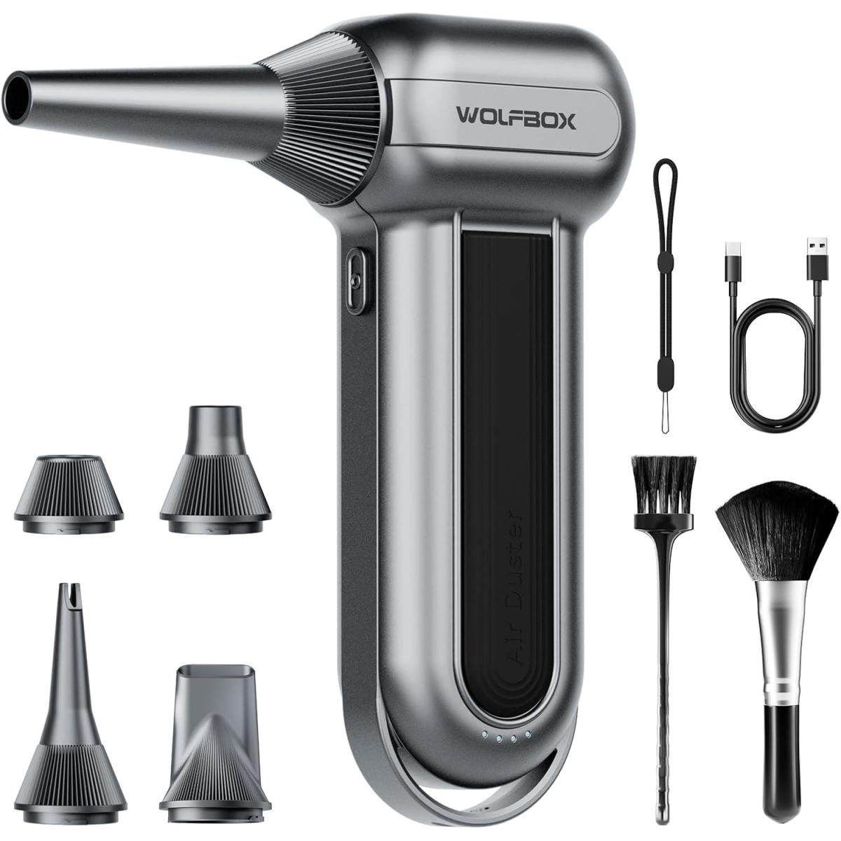 WOLFBOX electric air duster MegaFlow100 with 150000RPM super power, 3-Speed adjustable, Cordless, Rechargeable brushless motor durable blower, Suitable for computer, keyboard, home, car and outdoor