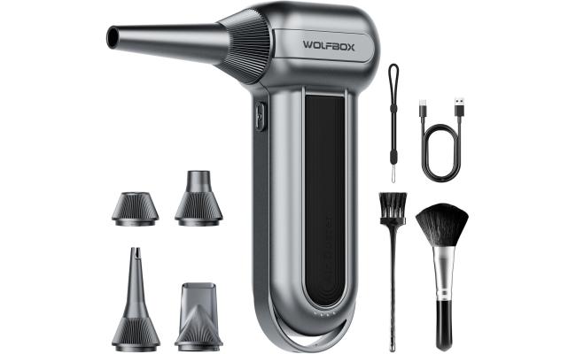 WOLFBOX electric air duster MegaFlow100 with 150000RPM super power, 3-Speed adjustable, Cordless, Rechargeable brushless motor durable blower, Suitable for computer, keyboard, home, car and outdoor