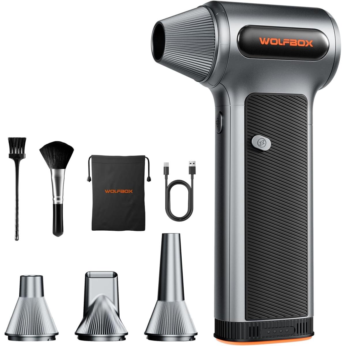 WOLFBOX MF200 Compressed Air Duster with Removable Battery & 4 Nozzles, Cordless 3-Speed Adjustable Mini Blower for Computer Keyboard, Car Cleaning, Home, and Outdoor Use