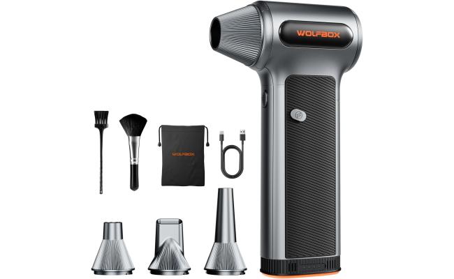 WOLFBOX MF200 Compressed Air Duster with Removable Battery & 4 Nozzles, Cordless 3-Speed Adjustable Mini Blower for Computer Keyboard, Car Cleaning, Home, and Outdoor Use