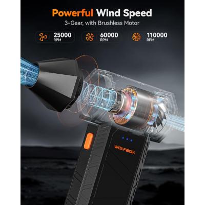 WOLFBOX electric air duster MegaFlow 50 with 110000RPM, 3-Gear adjustable mini blower, Cordless, Fast charging, Suitable for dust removal in computers, keyboards, cars, houses and outdoors.