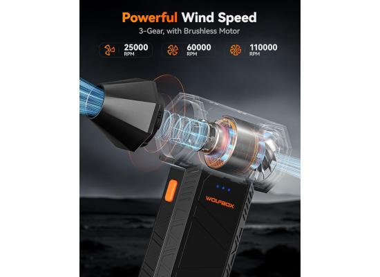 WOLFBOX electric air duster MegaFlow 50 with 110000RPM, 3-Gear adjustable mini blower, Cordless, Fast charging, Suitable for dust removal in computers, keyboards, cars, houses and outdoors.