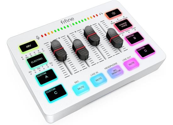 Fifine Ampligame SC3 Gaming Usb Mixer With Xlr/headset Input, Monitoring, Line In/out, Faders, Mute/voice Effect/sample - White