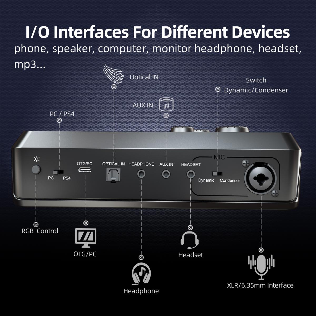 Fifine SC8 RGB PC Recording Studio Audio Sound Cards Mixers External XLR Live Streaming USB Gaming Audio Sound Card