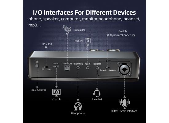 Fifine SC8 RGB PC Recording Studio Audio Sound Cards Mixers External XLR Live Streaming USB Gaming Audio Sound Card