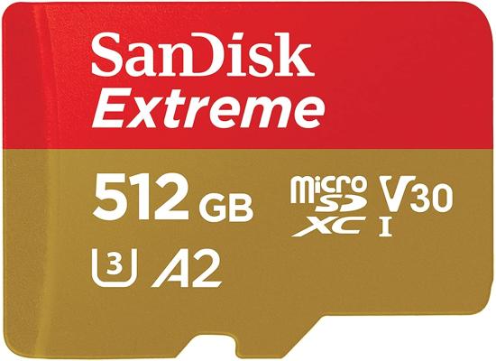 SanDisk 512GB Extreme microSDXC UHS-I Memory Card with Adapter - Up to 190MB/s, C10, U3, V30, 4K, 5K, A2, Micro SD Card - SDSQXAV-512G-GN6MA
