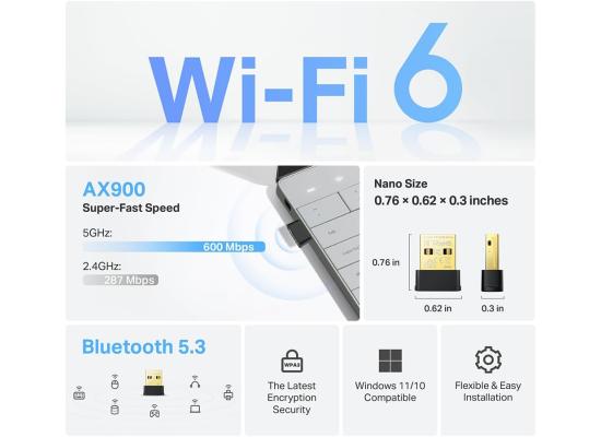 TP-Link 2-in-1 USB Bluetooth WiFi Adapter Archer TX10UB Nano | AX900 WiFi 6 BT 5.3 USB 2.0 Adapter for Desktop PC | Dual-Band WiFi Dongle | OFDMA, MU-MIMO, WPA3 | Travel Size | Supports Windows 11,10