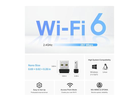 TP-Link Archer TX1U Nano AX300 Wi-Fi 6 Wireless USB Adapter, 300 Mbps, MU-MIMO & OFDMA, Access Point Mode, Easy Setup, Supports Windows 11/10/7 and Linux
