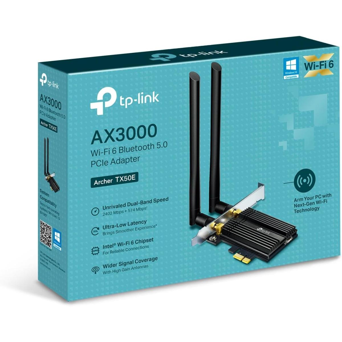 AX3000 Wi-Fi 6 Bluetooth 5.0 PCIe Adapter, AX3000 Wi-Fi 6 Speeds, Gold plating and a customized heat sink improve connection stability and efficiency ensuring ultimate performance.