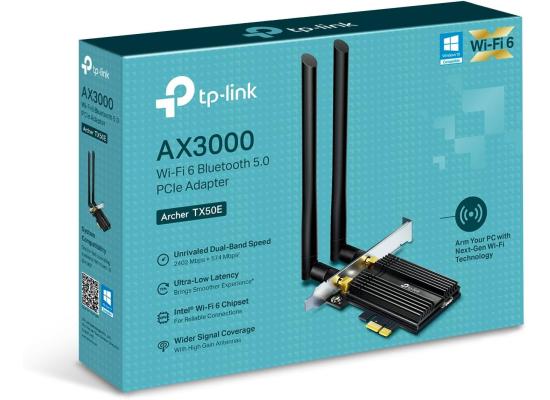 AX3000 Wi-Fi 6 Bluetooth 5.0 PCIe Adapter, AX3000 Wi-Fi 6 Speeds, Gold plating and a customized heat sink improve connection stability and efficiency ensuring ultimate performance.