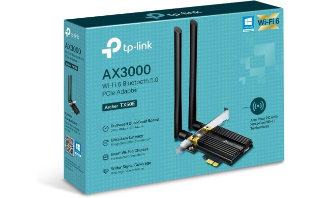 AX3000 Wi-Fi 6 Bluetooth 5.0 PCIe Adapter, AX3000 Wi-Fi 6 Speeds, Gold plating and a customized heat sink improve connection stability and efficiency ensuring ultimate performance.
