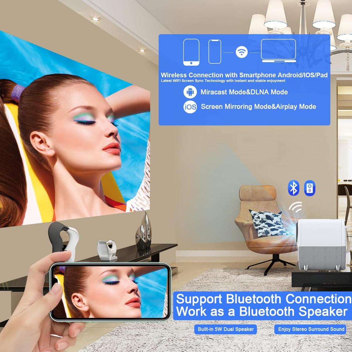 WayGoal HD 1080p Native (1920 x 1080) Wireless Portable Projector w/ WiFI Mirror Function, Electric Focus Mode, Bluetooth 6W Speakers, Up To 250 inch, Up to 50,000 Hours Lamp Life, Multi Formats Support