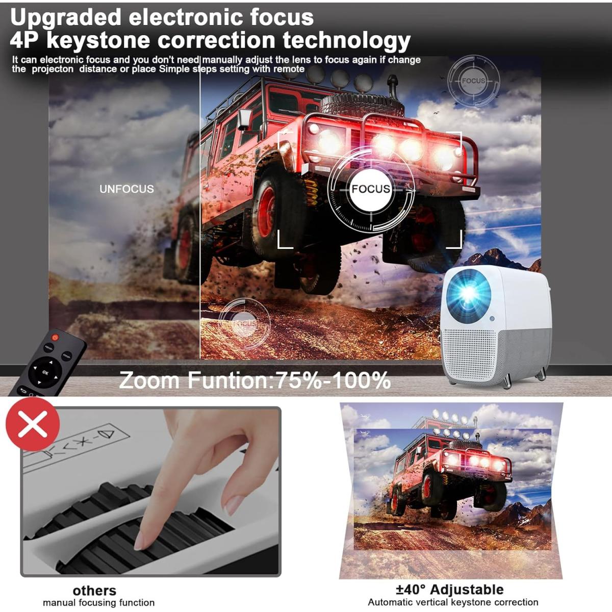 WayGoal HD 1080p Native (1920 x 1080) Wireless Portable Projector w/ WiFI Mirror Function, Electric Focus Mode, Bluetooth 6W Speakers, Up To 250 inch, Up to 50,000 Hours Lamp Life, Multi Formats Support