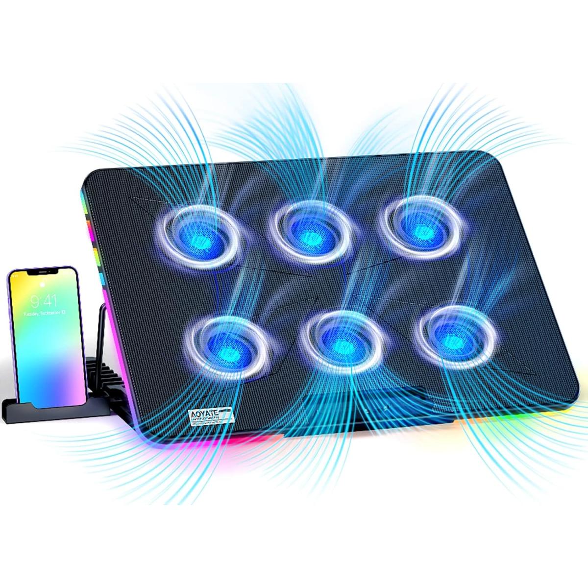 X8 Black 6 LED Fans RGB Light Notebook Quiet Cooling pad, Adjustable Ergonomic Design & Non-Slip Baffle, Mobile Bracket, For Laptop From 12"-17"