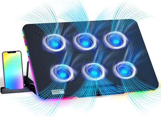 X8 Black 6 LED Fans RGB Light Notebook Quiet Cooling pad, Adjustable Ergonomic Design & Non-Slip Baffle, Mobile Bracket, For Laptop From 12"-17"