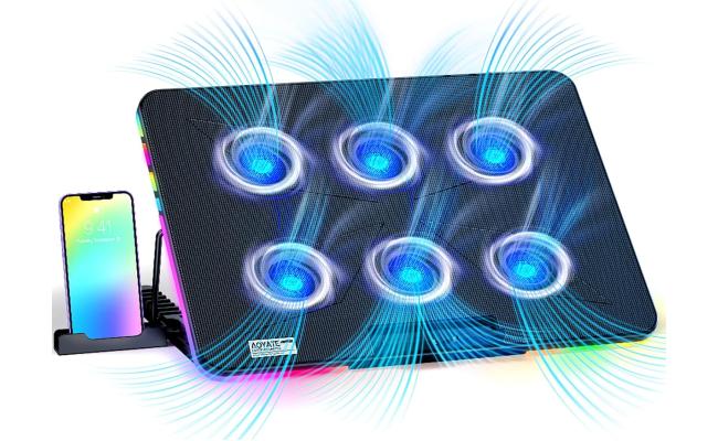 X8 Black 6 LED Fans RGB Light Notebook Quiet Cooling pad, Adjustable Ergonomic Design & Non-Slip Baffle, Mobile Bracket, For Laptop From 12"-17"