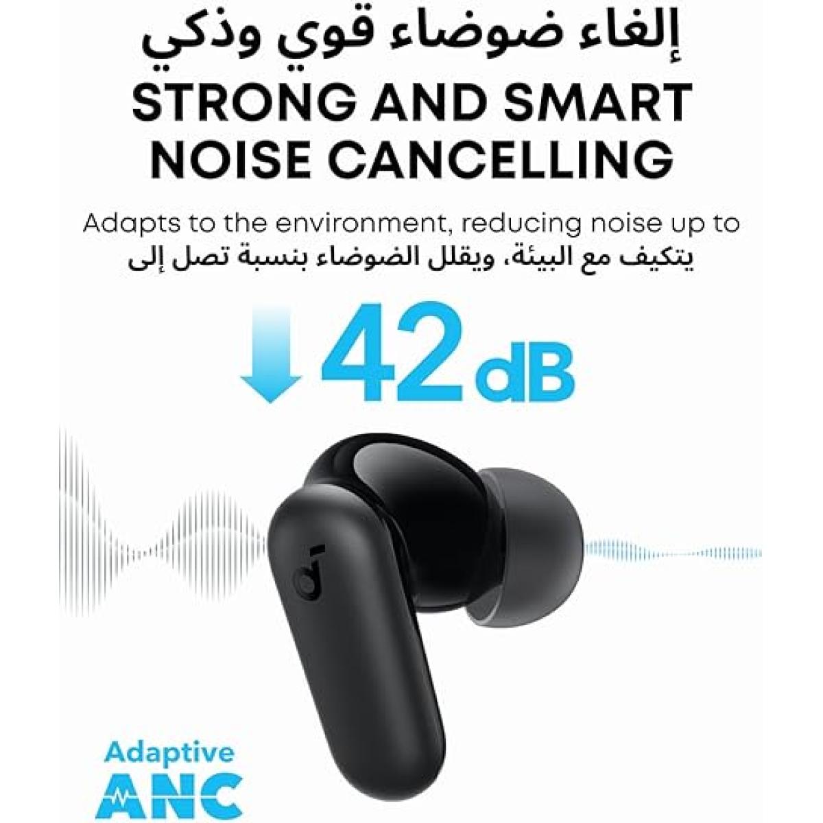 Soundcore by Anker R50i NC Wireless Bluetooth Earphones, Powerful and Smart Noise Cancelling, Powerful Bass, 45 Hours Playtime, 2-in-1 Case and Phone Stand, IP54, Bluetooth 5.4, Black