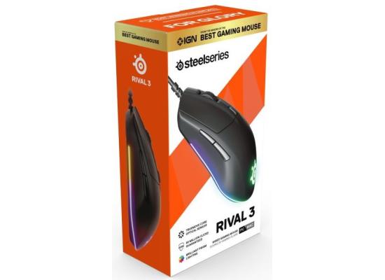 SteelSeries Rival 3 Wired Prism RGB Lighting TrueMove Optical Sensor Light & Ergonomic Gaming Mouse, 8500 CPI