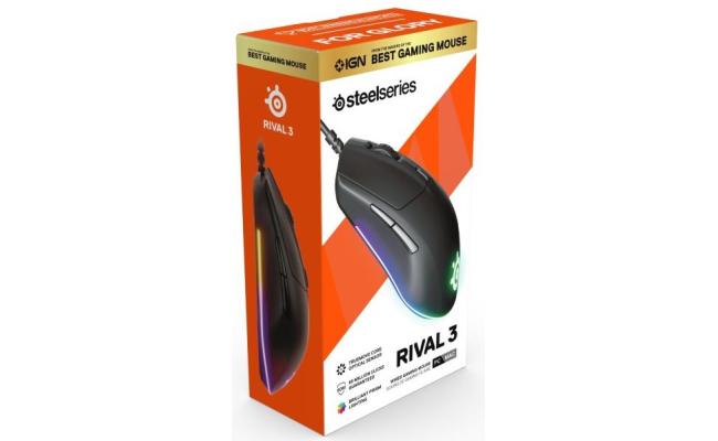 SteelSeries Rival 3 Wired Prism RGB Lighting TrueMove Optical Sensor Light & Ergonomic Gaming Mouse, 8500 CPI